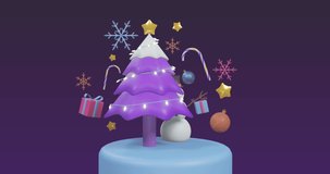 Animation of confetti over christmas tree and decorations on black background. Christmas, tradition and celebration concept digitally generated video.