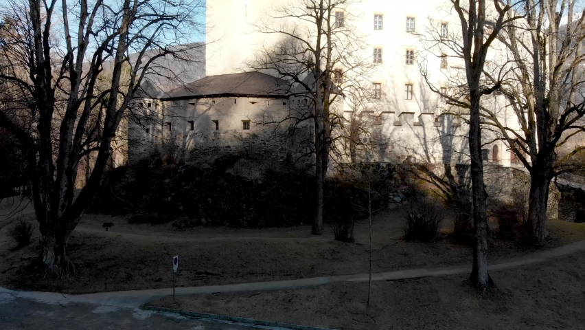 Lienz Castle aerial view in winter, Austria