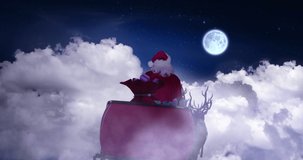Animation of christmas decorations and santa claus in sleigh with reindeer over full moon. Christmas, festivity, celebration and tradition concept digitally generated video.