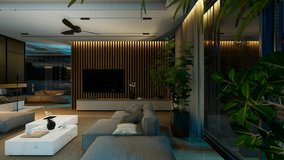 4K video rendering of modern cozy interior with living,dining zone stair and kitchen for sale or rent with wood plank by the sea or ocean. Spacious apartments with expensive furniture in night