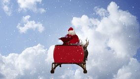 Animation of snow falling over christmas santa claus in sleigh with reindeer. Christmas, festivity, celebration and tradition concept digitally generated video.