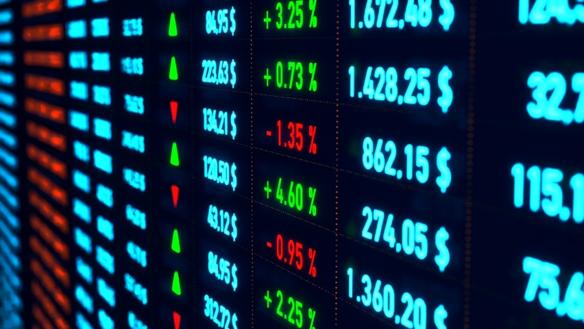 Business and stock exchange data on the screen. Information, percentage signs, numbers, stock prices, charts and changes. Trading screen, investment, financial figures and market data. 3D animation | Shutterstock HD Video #1097423911