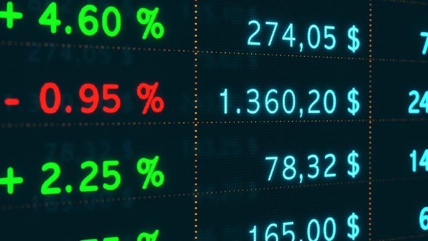 Business and stock exchange data on the screen. Information, percentage signs, numbers, stock prices, charts and changes. Trading screen, investment, financial figures and market data. 3D animation | Shutterstock HD Video #1097424589