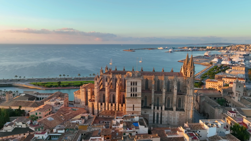 Aerial view of Palma de Mallorca cityscape. Cathedral La Seu of Santa Maria Royal Palace of La Almudaina. Balearic Islands. Spain