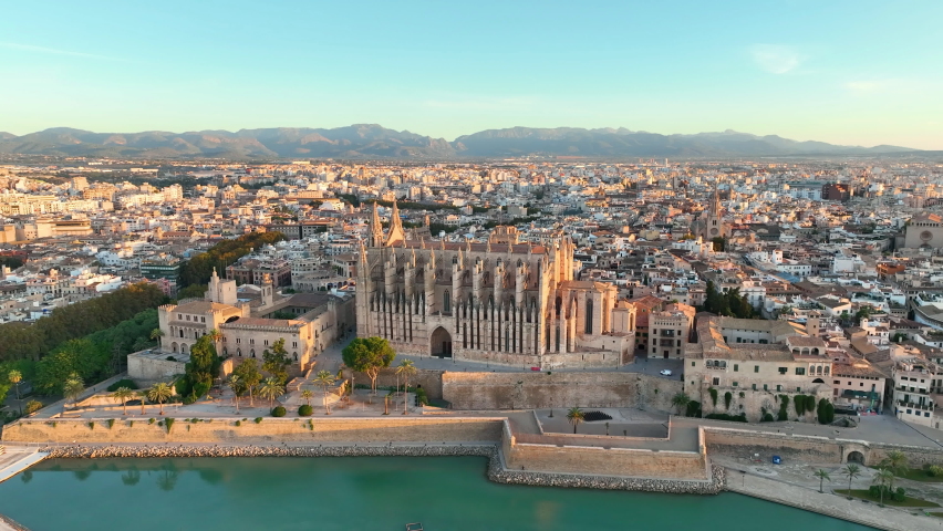 Aerial view of Palma de Mallorca cityscape. Cathedral La Seu of Santa Maria Royal Palace of La Almudaina. Balearic Islands. Spain