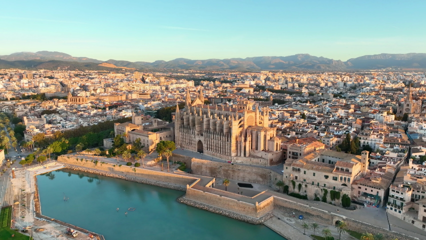 Aerial view of Palma de Mallorca cityscape. Cathedral La Seu of Santa Maria Royal Palace of La Almudaina. Balearic Islands. Spain