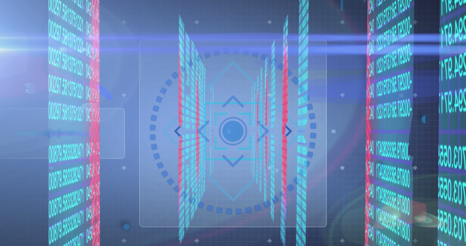 Animation of data processing with scope scanning on black background. Global technology, computing and digital interface concept digitally generated video.