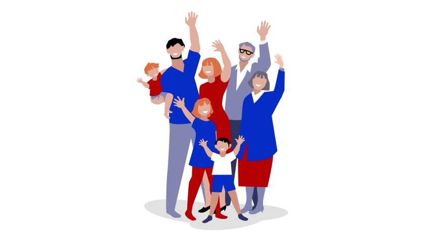 Animation of happy family waving in outline design.