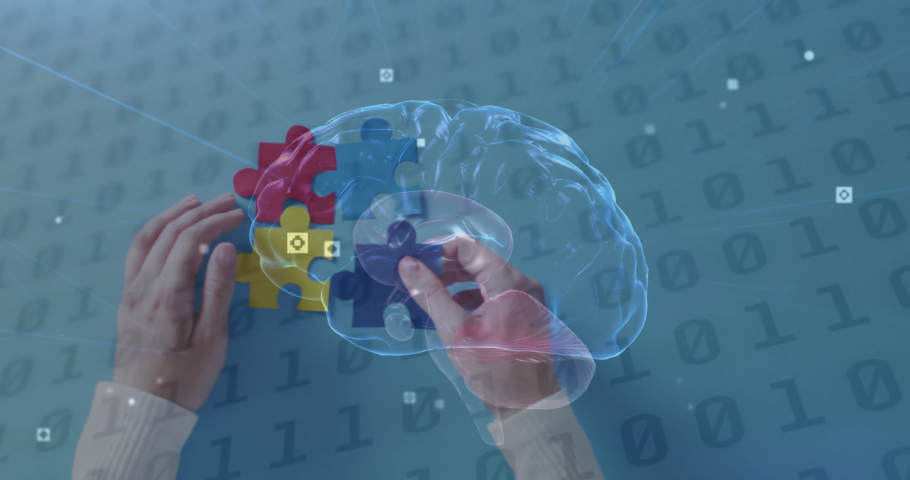 Animation of digital brain and data processing over hands holding puzzle pieces on blue background. Global medicine, healthcare and digital interface concept digitally generated video. | Shutterstock HD Video #1097431275