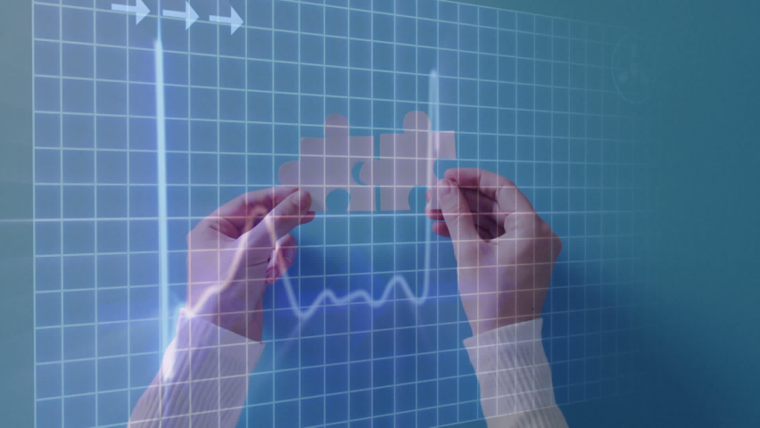 Animation of cardiograph over hands holding puzzle pieces on blue background. Global medicine, healthcare and digital interface concept digitally generated video. | Shutterstock HD Video #1097431325