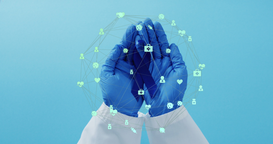 Animation of network of connections with icons over hands holding blue ribbon on blue background. Global medicine, healthcare and digital interface concept digitally generated video. | Shutterstock HD Video #1097431419