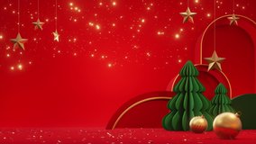 3d cylinder pedestal podium with geometric pipe tree. gold sphere ball on ground.Minimal merry christmas scene for Promotion display. in studio room. red wall background. 4k resolution - Powered by Shutterstock - Get 15% off with code: PIKWIZARD15