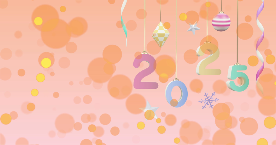 Animation of 2025 text and decorations over spots on orange background. New year, tradition and celebration concept digitally generated video. | Shutterstock HD Video #1097432089