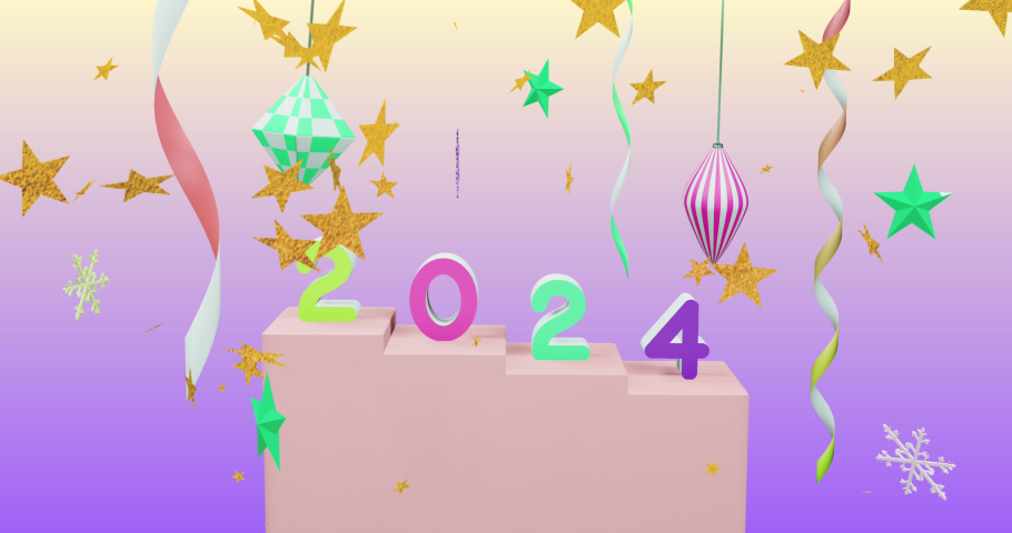 Animation of stars falling over 2024 text and decorations on purple background. New year, tradition and celebration concept digitally generated video. | Shutterstock HD Video #1097432193