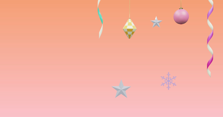 Animation of stars falling over decorations on orange background. New year, tradition and celebration concept digitally generated video. | Shutterstock HD Video #1097432317