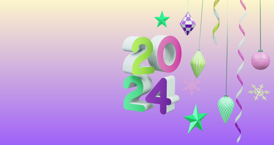 Animation of confetti falling over 2024 text and decorations on purple background. New year, tradition and celebration concept digitally generated video. | Shutterstock HD Video #1097432357