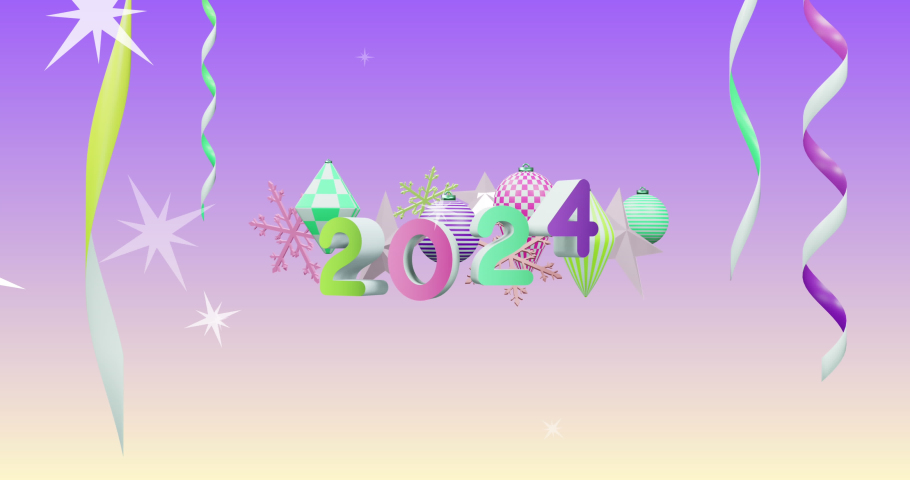 Animation of stars over 2024 text and decorations on purple background. New year, tradition and celebration concept digitally generated video. | Shutterstock HD Video #1097432491