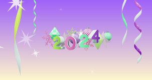 Animation of stars over 2024 text and decorations on purple background. New year, tradition and celebration concept digitally generated video.