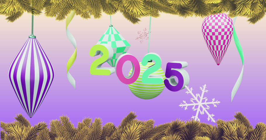 Animation of stars falling over 2025 text and decorations on purple background. New year, tradition and celebration concept digitally generated video. | Shutterstock HD Video #1097432799