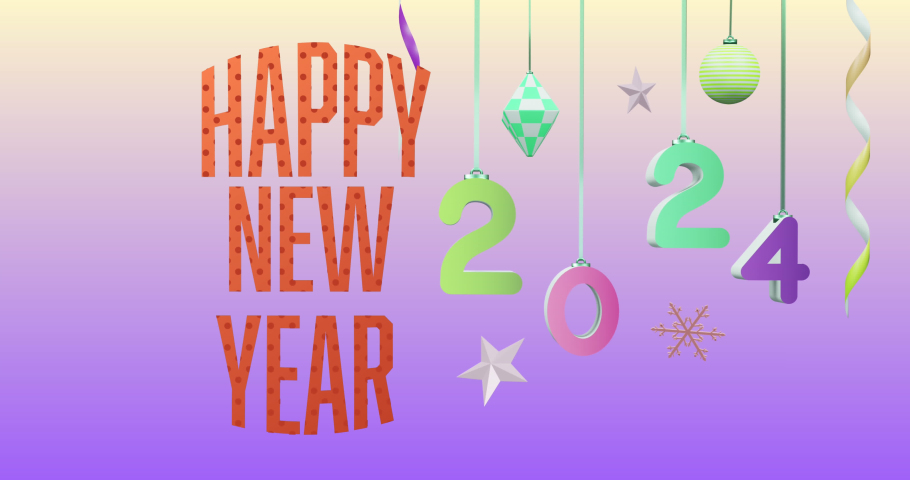 Animation of happy new year text over 2024 text and decorations on purple background. New year, tradition and celebration concept digitally generated video. | Shutterstock HD Video #1097433253