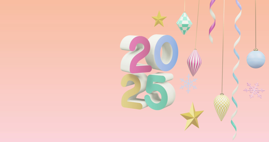 Animation of happy holidays text over 2025 text and decorations on orange background. New year, tradition and celebration concept digitally generated video. | Shutterstock HD Video #1097433659