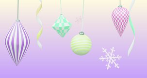 Animation of happy holidays text over decorations on purple background. New year, tradition and celebration concept digitally generated video.