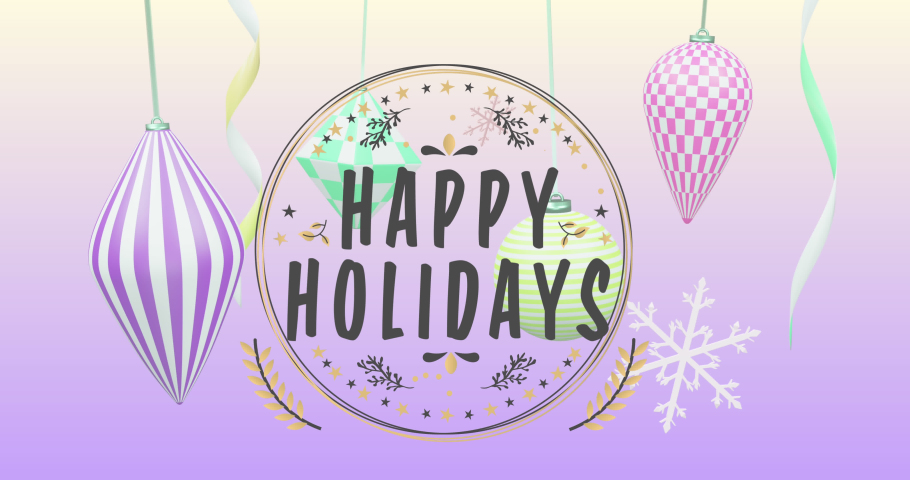 Animation of happy holidays text over decorations on purple background. New year, tradition and celebration concept digitally generated video. | Shutterstock HD Video #1097433735