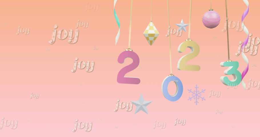 Animation of joy text over 2023 text and decorations on orange background. New year, tradition and celebration concept digitally generated video. | Shutterstock HD Video #1097433761