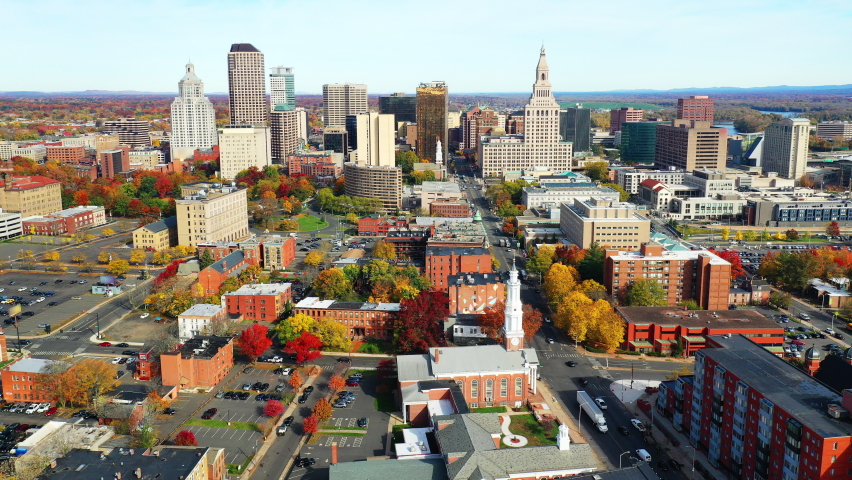 Aerial hyperlapse of Hartford, Connecticut, United States in autumn 4K