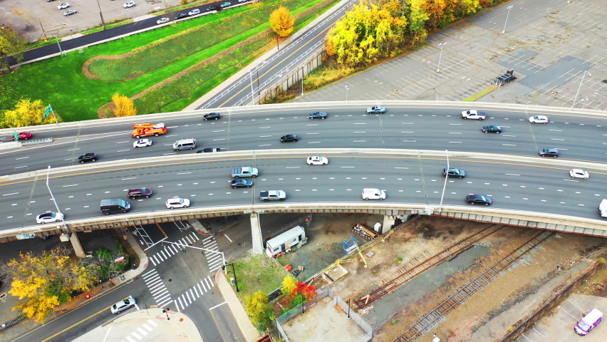 Aerial of Hartford, Connecticut, United States expressway 4K