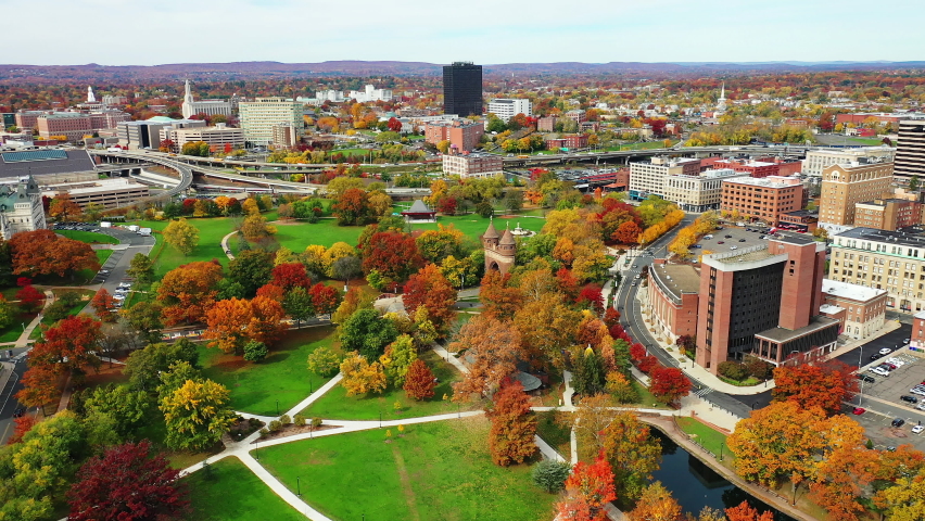 Aerial of downtown Hartford, Connecticut, United States 4K