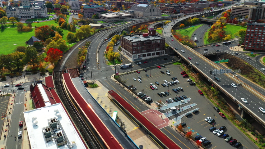 Aerial hyperlapse of downtown Hartford, Connecticut, United States 4K