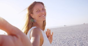 Face, woman and handheld recording of influencer at the beach, happy and excited while live streaming for blog or social media. Portrait, pov and video call of girl on ocean trip in California