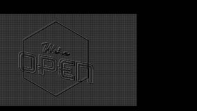 Animation of we're open text over shapes on black background. Retro future and digital interface concept digitally generated video.