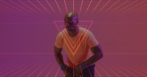 Animation of neon pattern over african american basketball player. Sports, competition, data processing and communication concept digitally generated video.