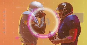 Animation of data processing over diverse american football players. Sports, competition, data processing and communication concept digitally generated video.
