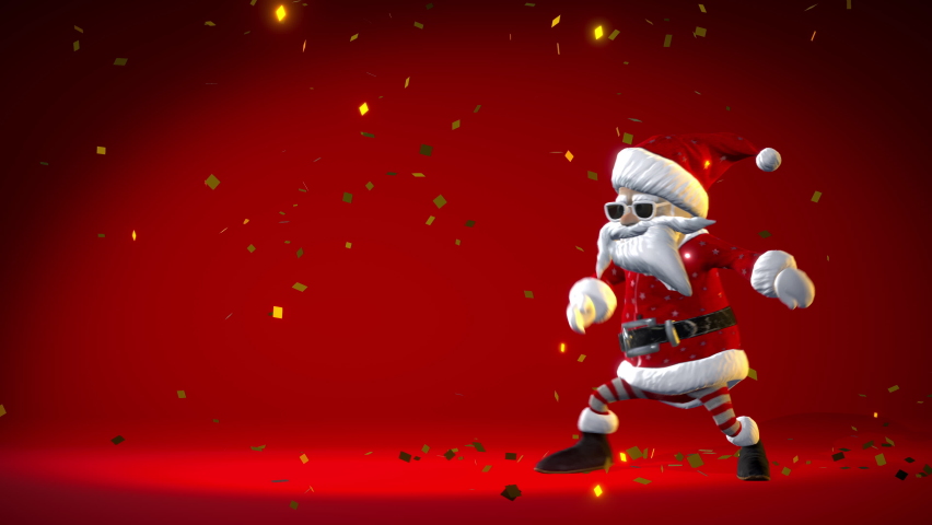 Christmas party. Cheerful Santa Claus is dancing on a red background with golden confetti. Animated greeting card with copy space for text. Winter holiday background. Royalty-Free Stock Footage #1097445791