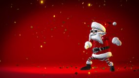 Christmas party. Cheerful Santa Claus is dancing on a red background with golden confetti. Animated greeting card with copy space for text. Winter holiday background. - Powered by Shutterstock - Get 15% off with code: PIKWIZARD15