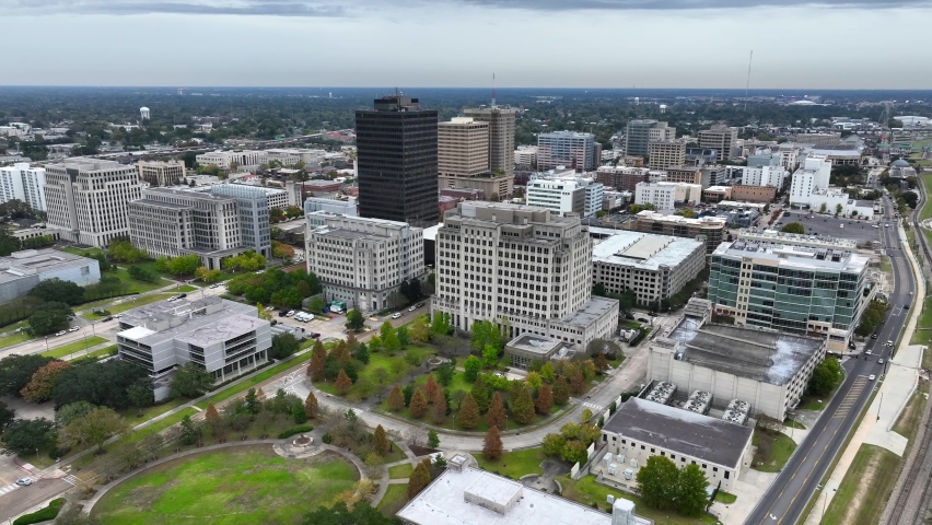Baton Rouge Louisiana. Capital of Pelican State. Aerial view of downtown buildings.