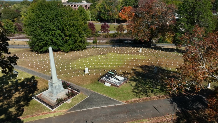 American Civil War cannon at National Military Cemetery. US Civil War history theme. Aerial view.