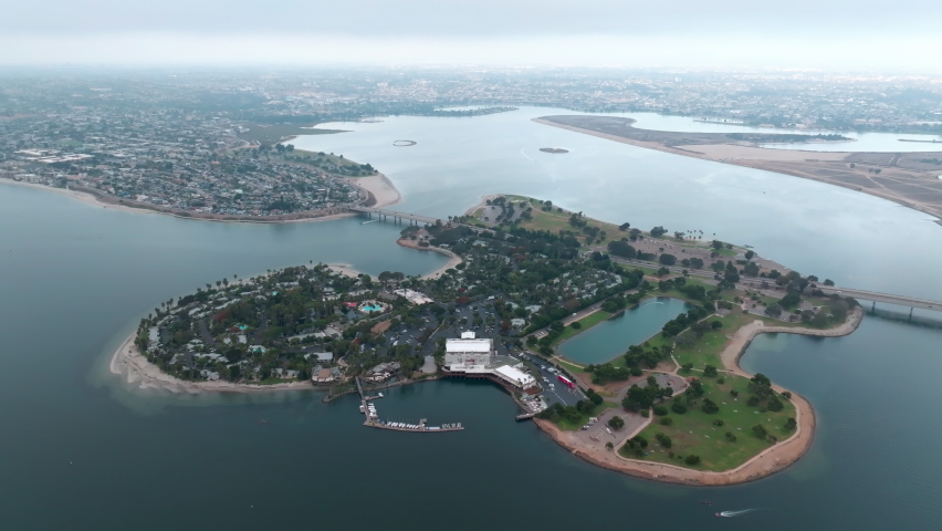 Aerial Drone view Of Paradise Point at Mission Bay, San Diego, California. Beautiful island in California