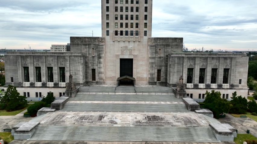 Rising aerial of Baton Rouge and Louisiana State Capitol.