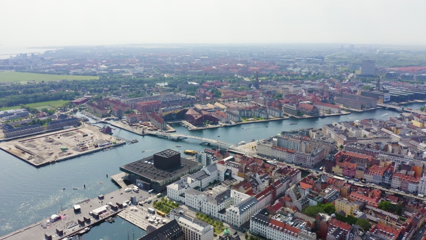 Inscription on video. Copenhagen, Denmark. General panorama of the historical part of the city. Aerial view. Arises from blue water, Aerial View