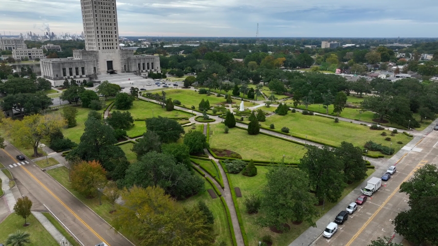 park grounds. Baton Rouge LA skyline of the garden and public park.