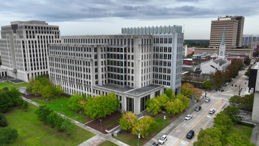 State government building in downtown Baton Rouge Louisiana. Aerial view.