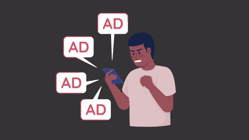 Animated flooded with ads character. Nasty pop up advertisement. Half body flat person on black background with alpha channel transparency. Colorful cartoon style HD video footage for animation