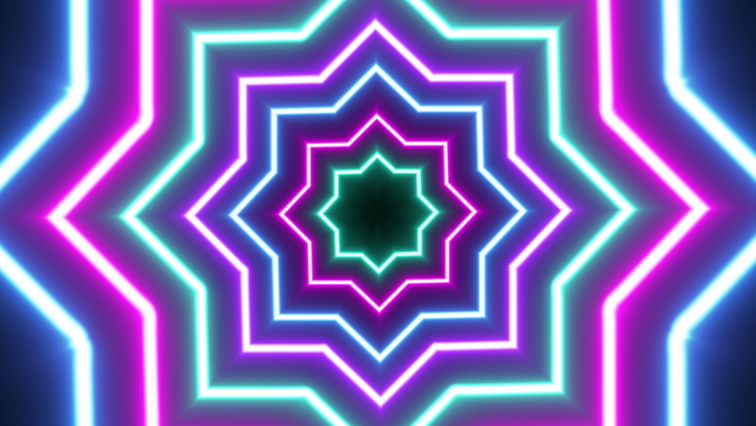 4K Animated Neon Light Radial Concentric Star Shapes Flashing Pattern Looped Background. Blue and pink neon colored bright lines on a black background. Neon Laser Frame for Party or Holiday Events. | Shutterstock HD Video #1097465939