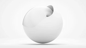 3d render of abstract art video animation of surreal 3d mechanical ball in swirl twisted round shape in light grey matte plastic material on white background
