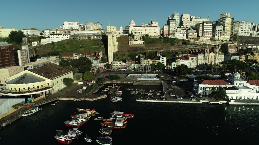 Salvador, Bahia, Brazil - Aerial view of Modelo Market, Lacerda Elevator and houses in Cidade Baixa