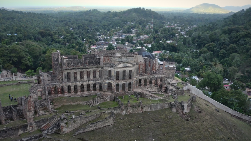 The majestic ruins of Palace of Sans Souci stand amid verdant mountains, north of Haiti. The site evokes the reign of King Henri I (Henri Christophe) who was instrumental in the Haitian Revolution Royalty-Free Stock Footage #1097485139
